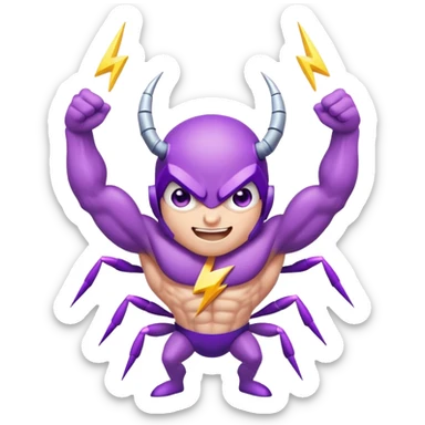 cute purple bug with confident narrowed eyes, strong flexing muscular arms, a fun happy smiling expression, and electric lightning bolt arms sticker