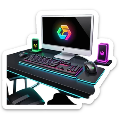 rgb gaming computer on black desk with a black keyboard and mouse sticker