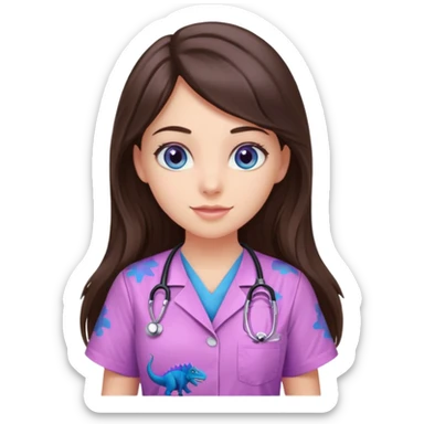 pretty brunette nurse with long hair and blue eyes in pink and purple dinosaur pattern scrubs sticker