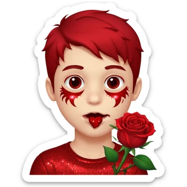 red glitter naughty-looking boy biting a rose in his mouth sticker