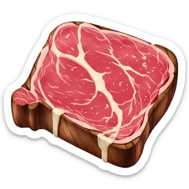 An emoji of a juicy steak or meat piece. Grilled on the outside with visible sear marks, slightly pink in the middle. Shaped like a thick cut of beef, with a small bone or marbled fat for extra detail. Rich red and brown tones to show it's freshly cooked. sticker