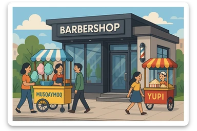 brohouse sartarosh xonasini chizib ber tashqaridan va uning yonida yupi va musqaymoq sotadigan lavkalar bulsin va sartarosh xona sal zamonaviyroq bulsin sticker