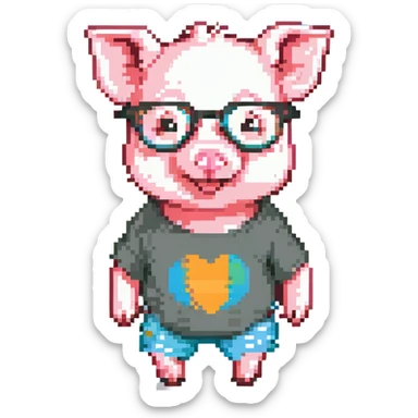 pixel art emoji of a cute baby pig, round glasses, colorful t-shirt and shorts, standing, smiling, 32x32, kawaii, cheerful palette sticker