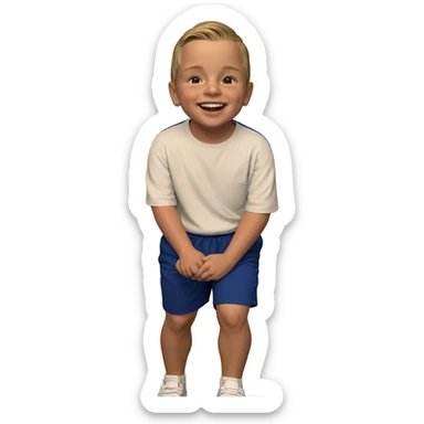 child in blue shorts smiling sticker