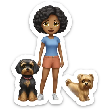 Chica morena paseando con dos yorkshire terrier negros sticker