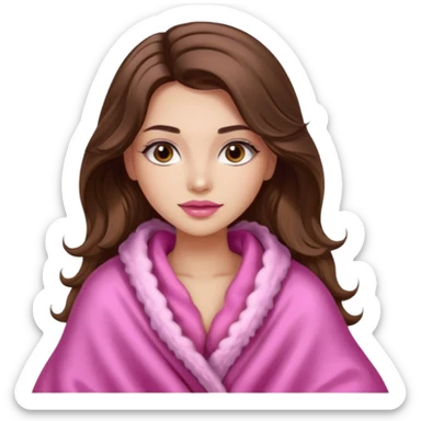 girl with long wavy brown hair, brown eyes, long lashes makeup, sexy pink lips, light to medium complexion, wearing a pink sexy silk top, big blanket over cozy  sticker