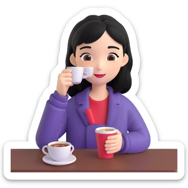 black-haired girl enjoying coffee, emoji style sticker