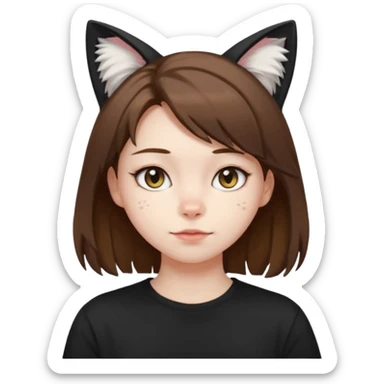a girl with pale skin, shoulder lengh brown hair with lots of dandruff , cat ears and a tail, with a black t-shirt on sticker