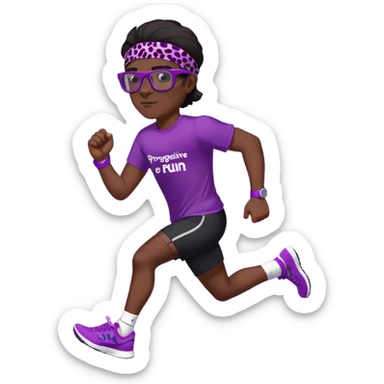 Бегущий мужчина в обтягивающих черных шортах и в леопардовой футболке фиолетового цвета на которой написано progressive run, на голове у него повязка, темные волосы и беговые очки , на ногах модные яркик кроссовки, на правой руке спортивные часы, на груди надпись progressive sticker