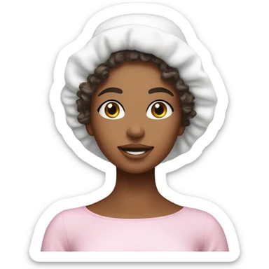 A vanity with a girl with curly hair doing her skincare routine with a bonnet on sticker