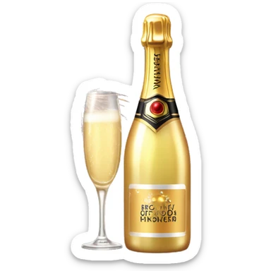 Realistic glam bottle of champagne with a glass next to with a lit consumer firework in the glass with it sticker