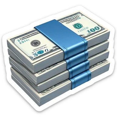 a neat bound stack of blue-and-white banknotes, koan bills , 90s futuristic, the band is dark gray sticker