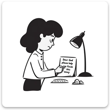 Stressed student writing an essay that begins with "Dear God, please help me finish this essay" in sketchy handwriting sticker