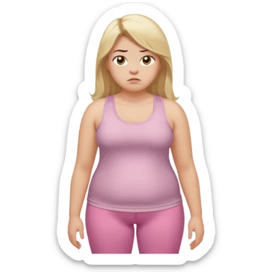 Create a young woman with long blonde hair, golden eyes, and medium-light skin tone, wearing a light pink tank top and leggings. but she is overweight  She should be in portrait mode, but with a subtle doubting facial expression—slightly raised eyebrow, small frown, sticker