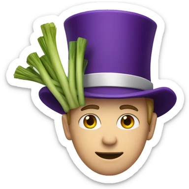 White man wearing a Top Hat with a purple band holding a leek sticker