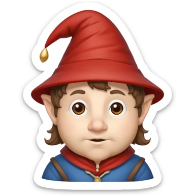 Gnomo con capelli ricci corti marroni, occhi marroni e cappello a punta sticker