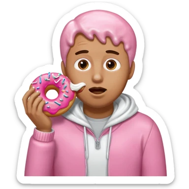A man eating a pink donut spilling white icing down his face and clothes sticker