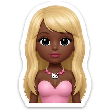hello kitty necklace, doll eyes, Doll, big chest, dark brown skin, long blonde hair without bangs,  black cute eyes, pink bows with cute lips sticker