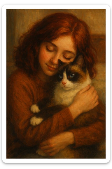 A girl with deep red hair embracing a snowshoe cat, cozy and heartwarming, painterly illustration sticker