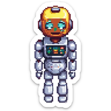 robot in the exact pose of the standard salute emoji, head and body resembling the classic robot emoji, pixel art style sticker