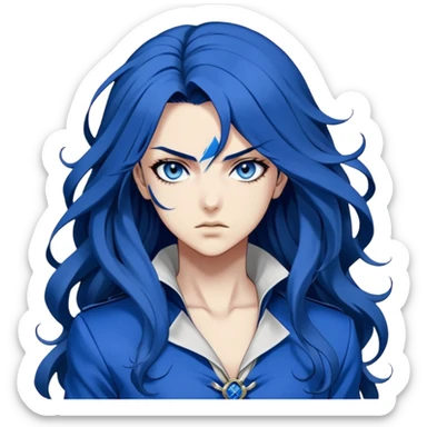 head portrait of anime girl with long dark blue hair, blue rose in hair, fierce blue eyes, extremely intense JoJo's Bizarre Adventure style expression, dramatic angle, bold outlines, strong shading sticker