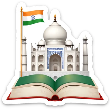 An icon featuring the Taj Mahal and the flag of India, symbolizing the Hindi language. The design includes an open book with Hindi script, representing language learning and cultural richness. Transparent background highlights the heritage of India. sticker