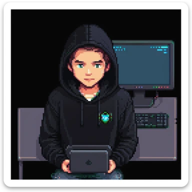 pixel art of a programmer in a dark hoodie, illuminated by the glow of a computer screen sticker