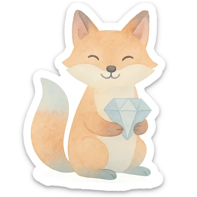 cheerful fox holding a diamond, watercolor painting, vibrant yet soft colors, whimsical feel sticker