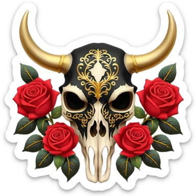 Black Bull skull with red roses and gold intricate patterns sticker