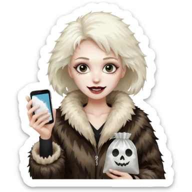 she is wearing a fur coat and has a transparent tiny, small  plastic bag full of white powder, and her phone in the other hand, she has lost so much weight, she looks evil , she has an evil grin sticker