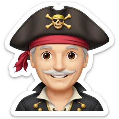 white middle aged male pirate captain with pirate hat and one eye patch, smiling sticker