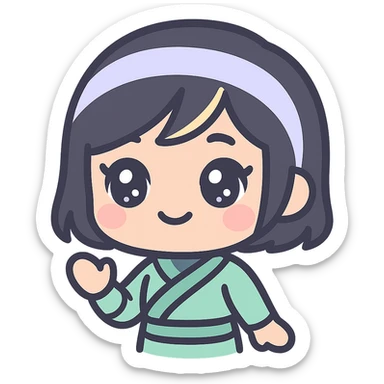 Make the art style more anime: kawaii chibi ninja girl with black short hair and a blonde streak, only head and arms, big sparkling anime eyes, rounder face, small mouth, soft shading, pastel colors, clean outlines, transparent background, no mask, hand at side, smiling, sized for Twitch emoji use. sticker