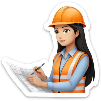 Female civil engineer with black long hair and white helmet wearing orange vest looking at high rise building drawing plan sticker
