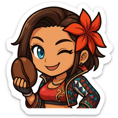 Azucena from Tekken 8 in chibi sticker style, holding a coffee bean, playful wink, wearing the detailed red and patterned outfit from the reference images, designed for Twitch emote use. sticker