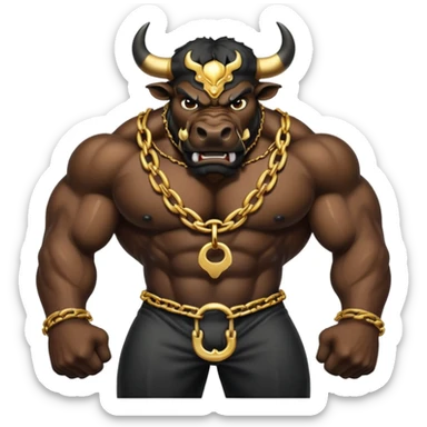 The emoji is an angry black powerful bull with steam coming out of its nose and a gold chain hanging from its neck with the inscription - bull run sticker