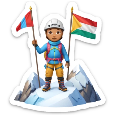 A 3D cartoon mountaineer standing on a snowy Everest-like summit with a flag, wearing colorful climbing gear, soft lighting, Memoji-style. sticker