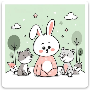 hand-drawn Japanese kawaii mori style scene with a round-faced fluffy pastel bunny with big sparkling eyes and pink blush, with a squirrel, bear, fox, and bird, dreamy pastel green forest with clouds, stars, mushrooms, soft pastel tones, transparent background, high resolution sticker