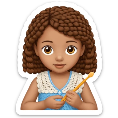 Baby girl with brown hair, brown eyes, doing chrochet sticker