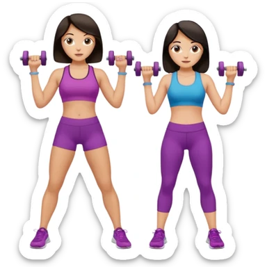 Mom and daughter both with dark hair  doing weight workout  sticker