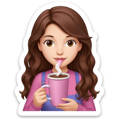 menina branca com cabelos castanhos longos ondulados com xícara rosa na frente com chocolate quente, com blusa de alça fina sticker