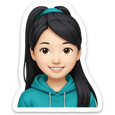 generate an asian female with long black hair in a ponytail and a teal hoodie sticker
