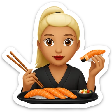 Edit the image of a girl eating sushi to have a ponytail hairstyle. Keep the same style as the original image. Remove the background. sticker