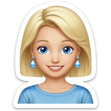 make this real, blond, hair below shoulder, blue eyes, 50s, sparkle in the eyes, fun, smile, no earrings, relaxed style, sweats or jeans sticker
