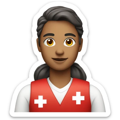 a red cross volunteer wearing a red vest with the red cross insignia on a white background sticker