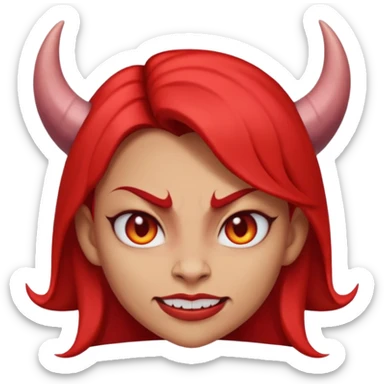  woman Demon cartoon emoji character, head and shoulders included (chest-up crop), centered face, confident and edgy expression, sharp eyes, subtle smirk, small curved horns, clean stylized face, not cute, not scary, modern emoji-style illustration, bold colors, smooth shading, high readability sticker