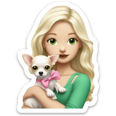 pale blond girl with wavy long platinum hair with green eyes holding a white chihuahua puppy that wearing a pink bow sticker