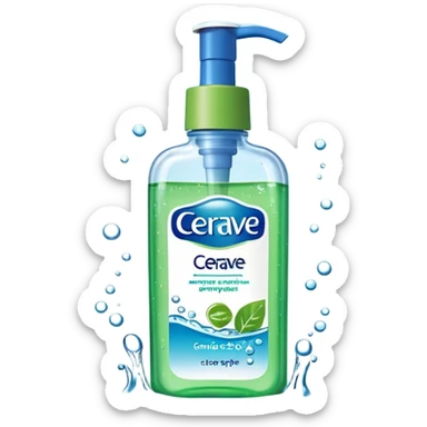 `CeraVe-shaped white rectangular pump bottle with soft green label and blue “CeraVe” stripe. Surrounded by floating water bubbles, glowing light particles, and a gentle green mist. Feels like a calm hydration spell in a bottle. Clean, glossy, emoji-style.`
 sticker