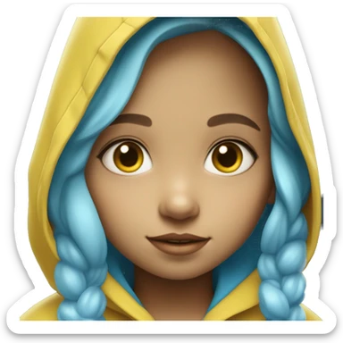 Cute little girl with light blue hair wearing a yellow raincoat hood up with rosary fair skin sticker