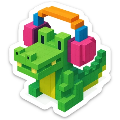 crocodile wearing large over-ear headphones, isometric view, voxel style sticker