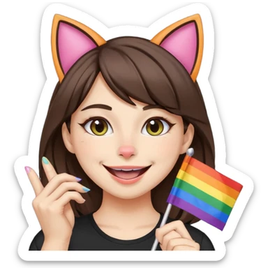 brunette girl with cat ears and doing cat pose with gay flag in mouth sticker